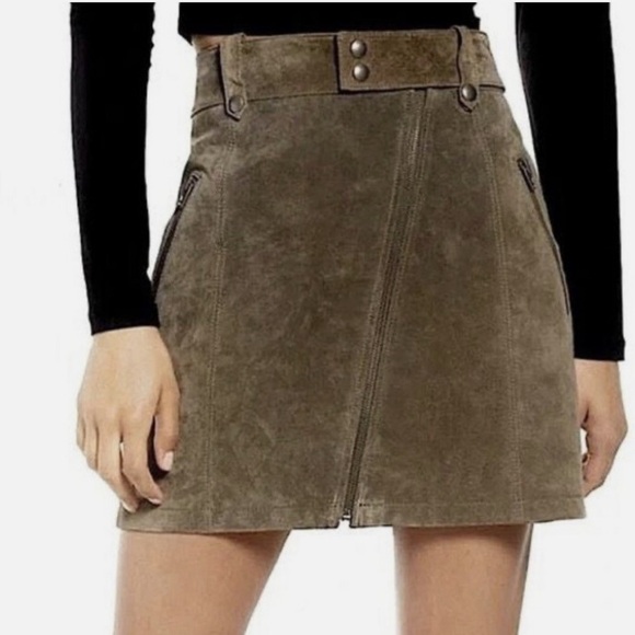BLANK NYC Run For It Taupe/Olive Asymmetrical Zipper Suede Leather Mini Skirt - Picture 7 of 10